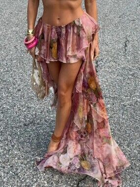 Spring And Summer Vacation Floral Print Ruffled Hem Skirt for Women, Elegant